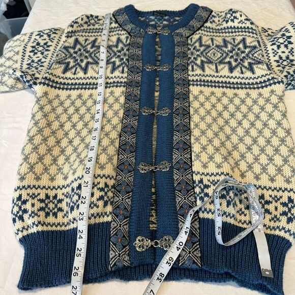 Vintage 90s Dale of Norway Nordic Blue Fair Isle Knit Cardigan Sweater Small - Picture 7 of 8